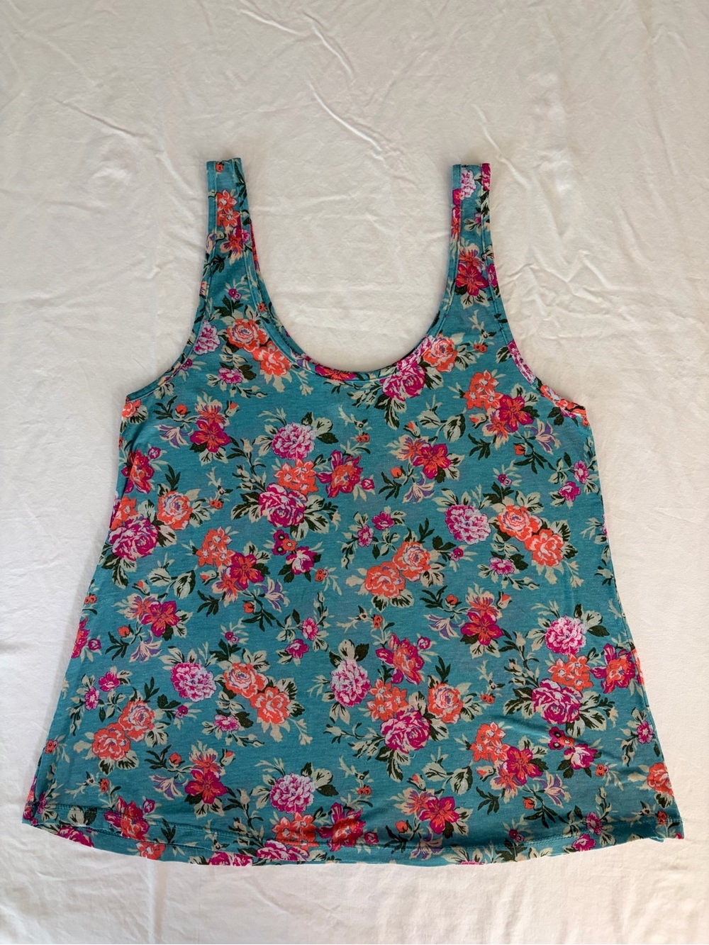 Kirra Teal Floral Scoop Tank with Pink & Orange Blooms